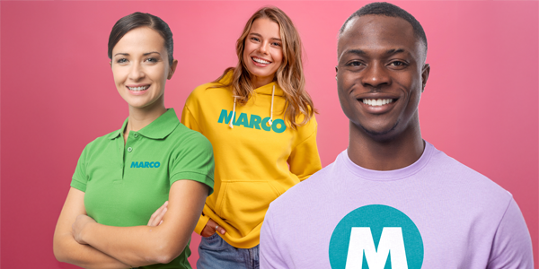 Three smiling people wearing branded MARCO apparel, including a polo shirt, hoodie, and crewneck shirt.