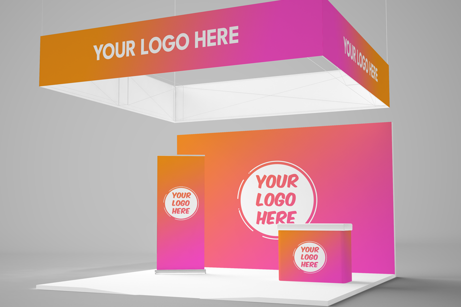 Booth design close-up highlighting messaging hierarchy and layout.