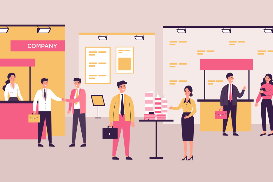 Illustration of businesspeople talking to visitors at business exhibition.