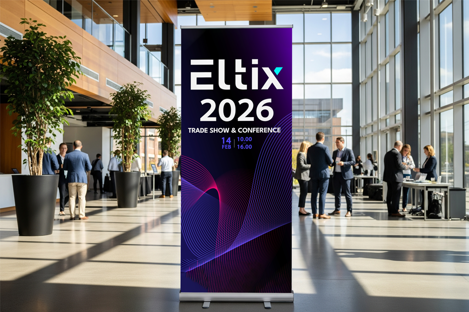 Tall banner in long hallway.