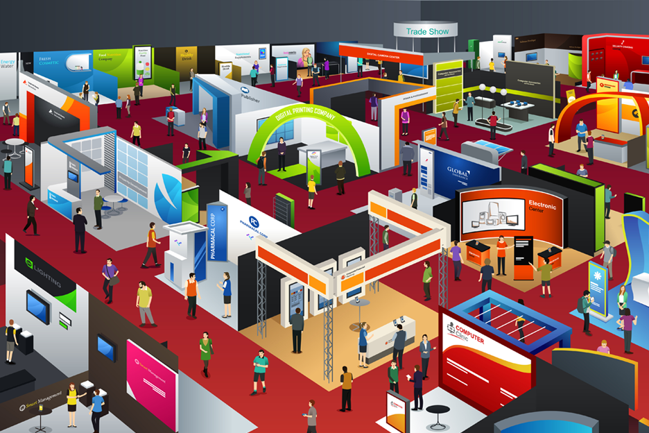 Wide-angle photo of a busy tradeshow floor highlighting multiple booth styles.