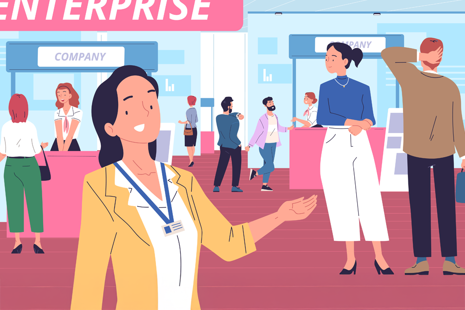 Illustration of a woman welcoming you to the trade show event.