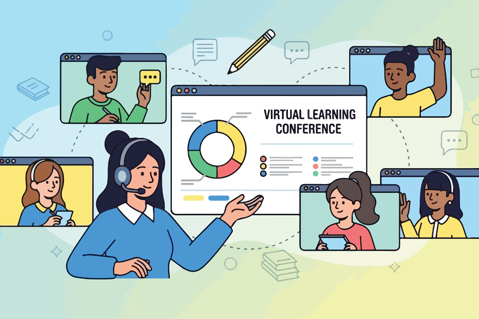 A virtual learning conference with a presenter and attendees.