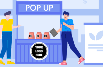 Sales people in front of a pop-up store.