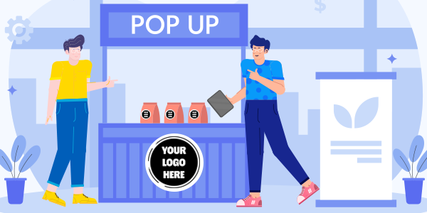 Sales people in front of a pop-up store.